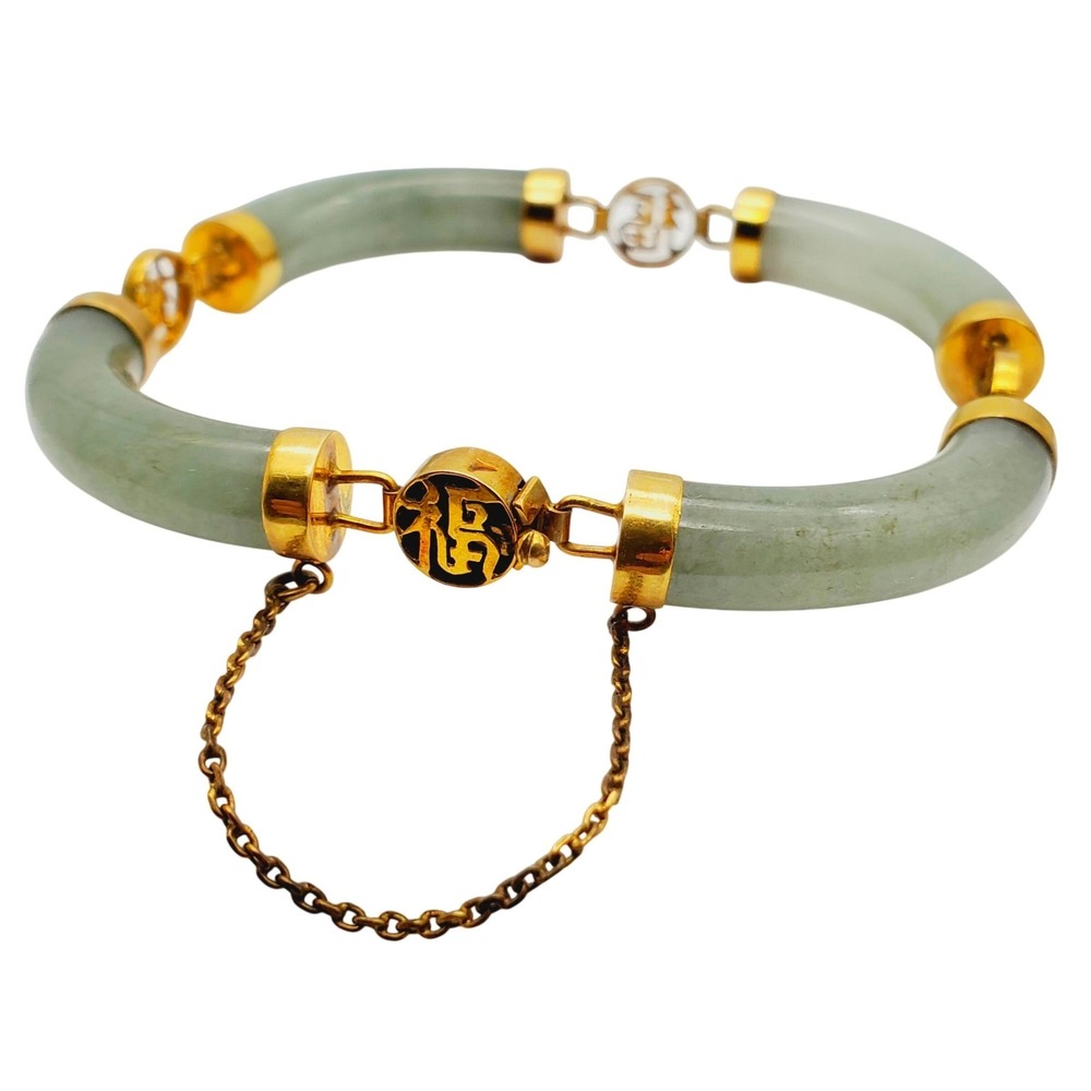 14K Yellow Gold Jade Bracelet Light Green Hinged Chinese Bangle Safety Chain Vtg